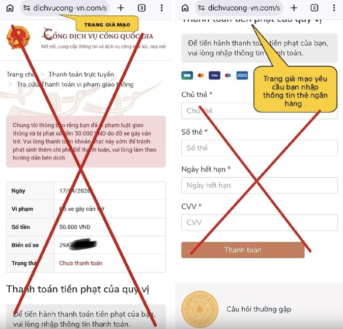 Cảnh báo chiêu lừa "phạt nguội 50.000 VND" qua website giả dịch vụ công Cảnh báo chiêu lừa "phạt nguội 50.000 VND" qua website giả dịch vụ công