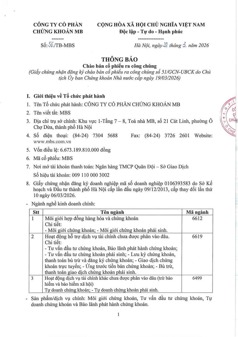 Chứng khoán MB thông báo chào bán cổ phiếu ra công chúng Chứng khoán MB thông báo chào bán cổ phiếu ra công chúng