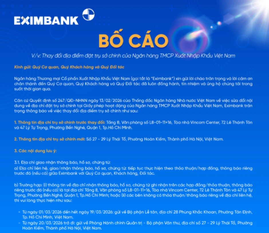Eximbank thay đổi địa điểm đặt trụ sở chính Eximbank thay đổi địa điểm đặt trụ sở chính
