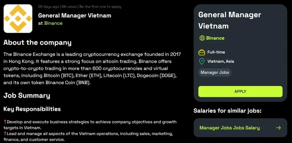 Sàn tiền số lớn nhất thế giới Binance tuyển tổng giám đốc tại Việt Nam Sàn tiền số lớn nhất thế giới Binance tuyển tổng giám đốc tại Việt Nam