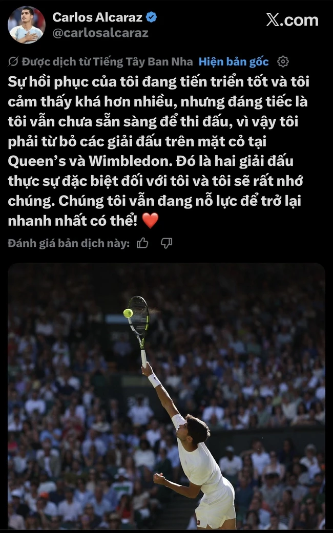 Alcaraz bỏ lỡ thêm Wimbledon