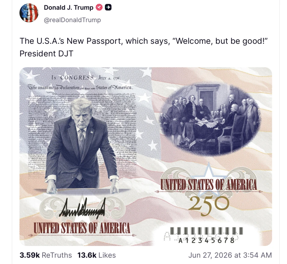Mỹ mở rộng cấp hộ chiếu kỷ niệm 250 năm lập quốc có hình Tổng thống Trump