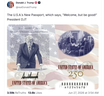 Mỹ mở rộng cấp hộ chiếu kỷ niệm 250 năm lập quốc có hình Tổng thống Trump