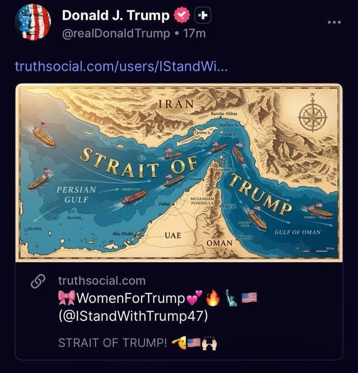 Ông Trump đăng hình đổi tên Hormuz thành 'eo biển Trump', giá dầu vượt 126 USD Ông Trump đăng hình đổi tên Hormuz thành 'eo biển Trump', giá dầu vượt 126 USD