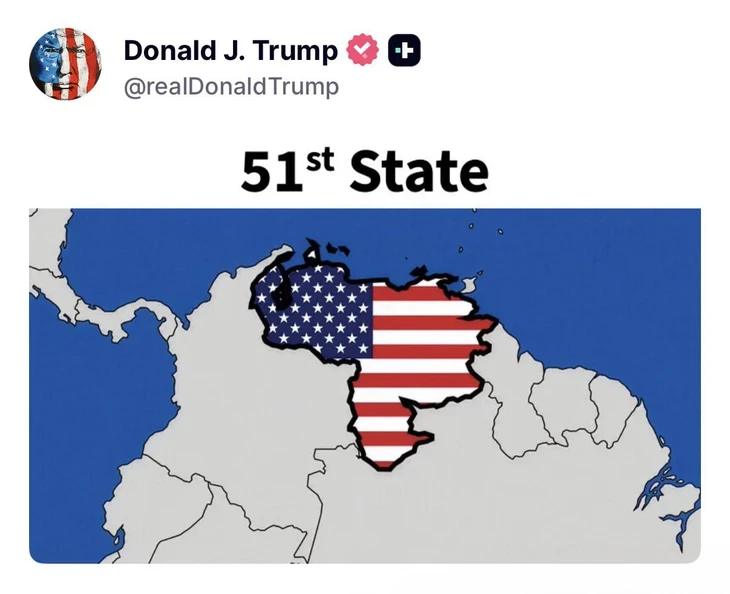 SỐC: Ông Trump đăng hình bản đồ Venezuela gắn cờ Mỹ, gọi là 'bang thứ 51' SỐC: Ông Trump đăng hình bản đồ Venezuela gắn cờ Mỹ, gọi là 'bang thứ 51'