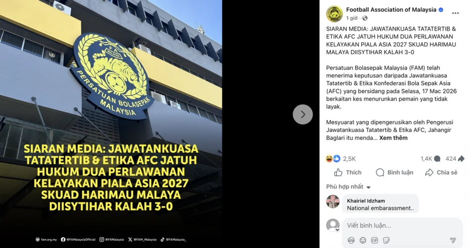 CĐV Malaysia bức xúc khi đội nhà bị xử thua Việt Nam, đòi phá bỏ FAM, xây dựng lại CĐV Malaysia bức xúc khi đội nhà bị xử thua Việt Nam, đòi phá bỏ FAM, xây dựng lại