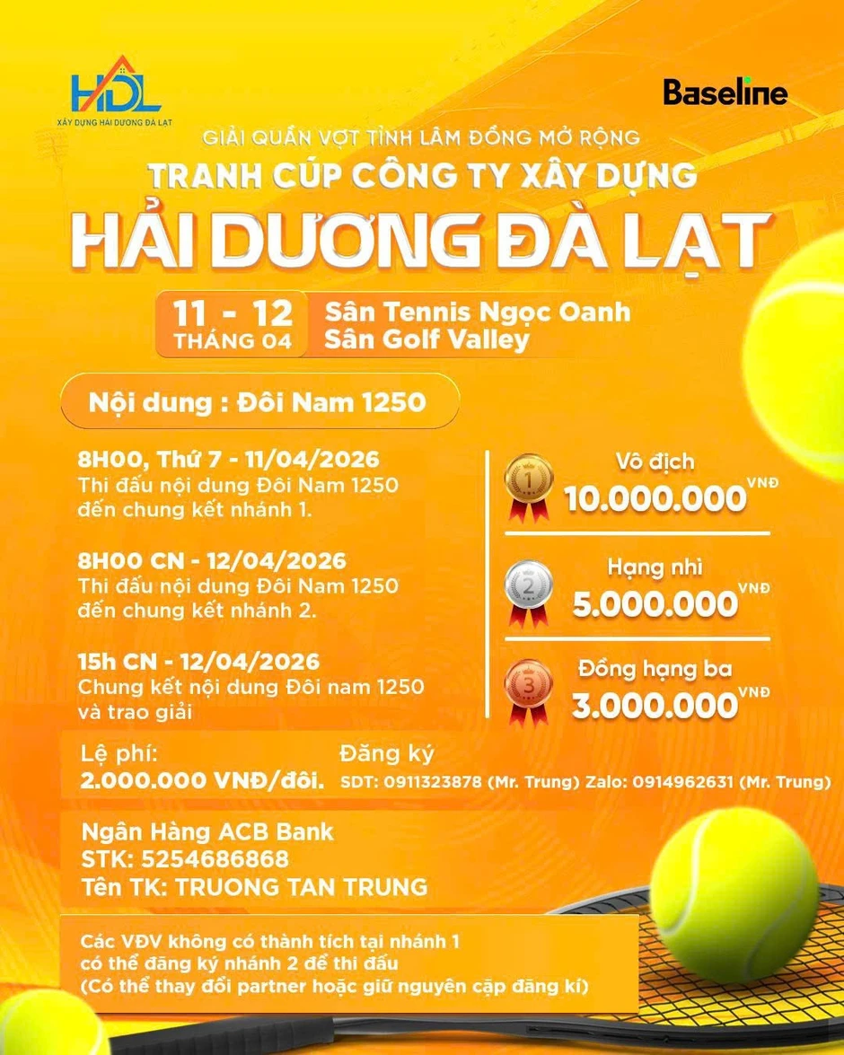 Giải quần vợt Tennis Lâm Đồng ngày 11-12/4 gây quỹ tiếp sức học sinh nghèo đến trường Giải quần vợt Tennis Lâm Đồng ngày 11-12/4 gây quỹ tiếp sức học sinh nghèo đến trường