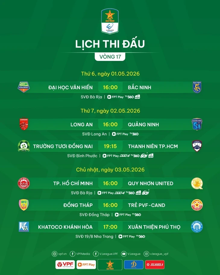 Lịch trực tiếp Giải hạng nhất vòng 17: CLB TP.HCM đấu Quy Nhơn United Lịch trực tiếp Giải hạng nhất vòng 17: CLB TP.HCM đấu Quy Nhơn United