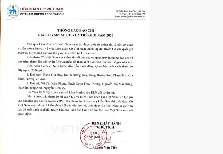 Liên đoàn Cờ Việt Nam có ý định mời lại 2 nữ kỳ thủ vào đội tuyển quốc gia Liên đoàn Cờ Việt Nam có ý định mời lại 2 nữ kỳ thủ vào đội tuyển quốc gia