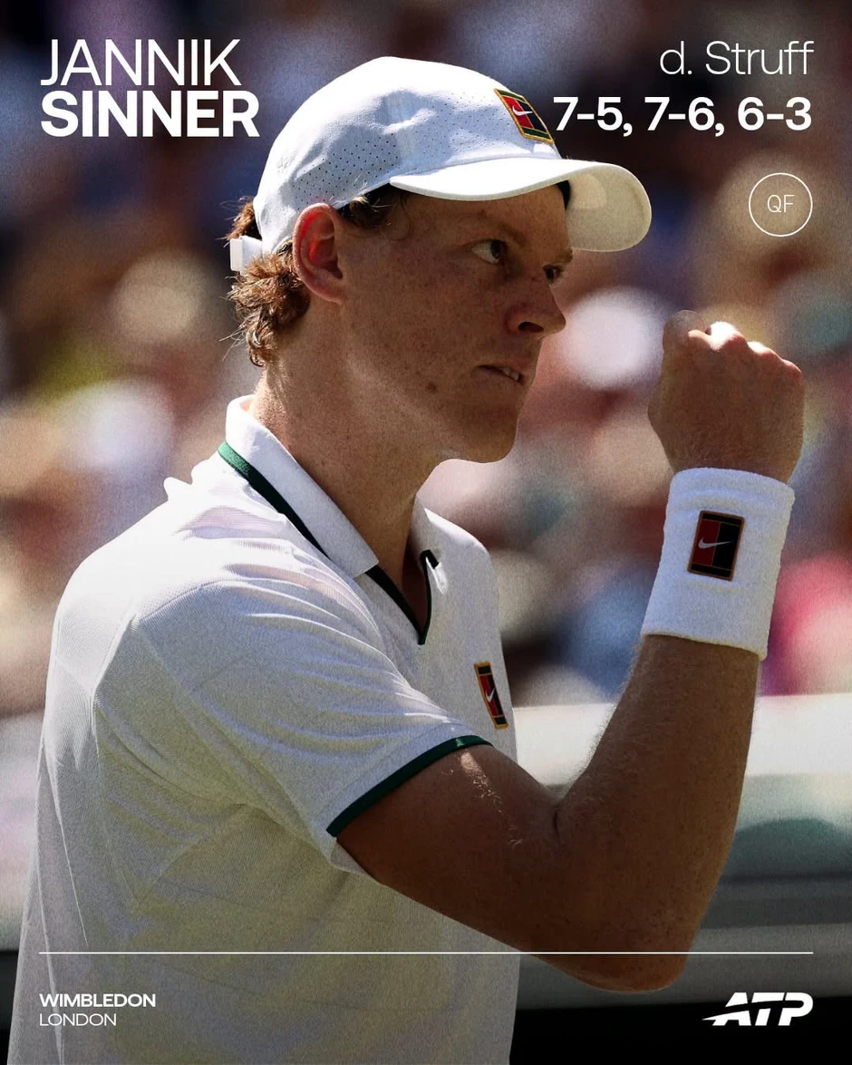 Sinner hạ 'máy giao bóng' Struff, đoạt vé bán kết Wimbledon