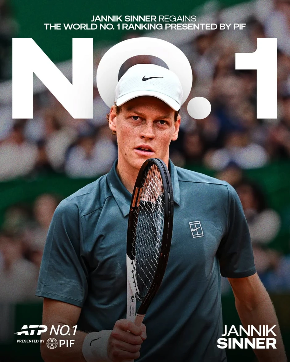 Sinner trở lại ngôi số 1 ATP, sánh ngang Djokovic và Nadal Sinner trở lại ngôi số 1 ATP, sánh ngang Djokovic và Nadal
