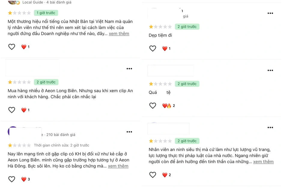 Aeon Long Biên nhận bão 1 sao sau vụ người phụ nữ tố bị quy chụp ăn cắp đồ Aeon Long Biên nhận bão 1 sao sau vụ người phụ nữ tố bị quy chụp ăn cắp đồ