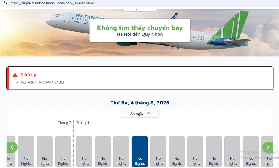 Bamboo Airways bất ngờ không hiển thị chuyến bay nào từ tháng 8 Bamboo Airways bất ngờ không hiển thị chuyến bay nào từ tháng 8