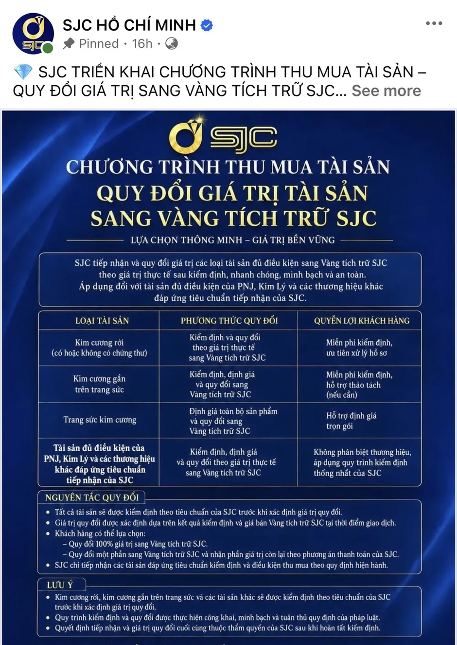 Fanpage "SJC Hồ Chí Minh" có tick xanh đăng thông tin thu mua kim cương là giả mạo Fanpage "SJC Hồ Chí Minh" có tick xanh đăng thông tin thu mua kim cương là giả mạo