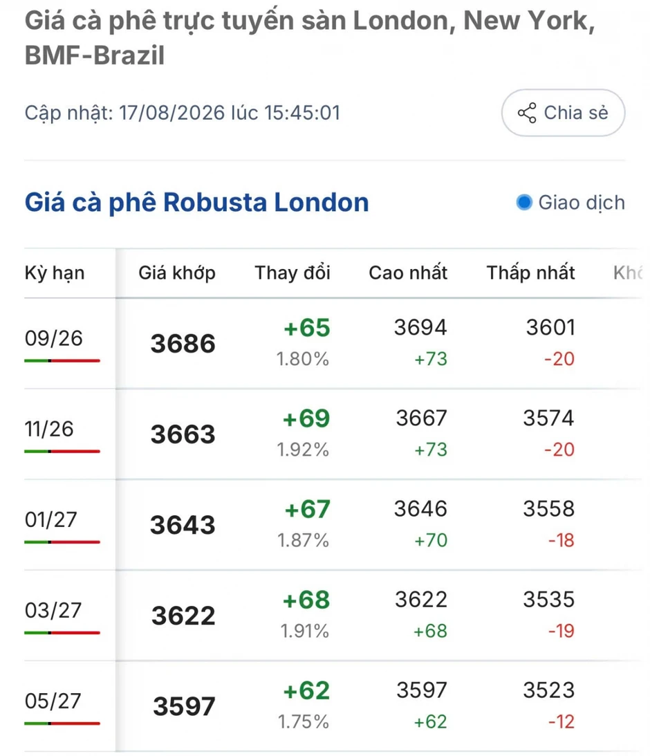 Giá cà phê hôm nay 18/8: Giá cà phê Robusta và Arabia đồng loạt tăng Giá cà phê hôm nay 18/8: Giá cà phê Robusta và Arabia đồng loạt tăng