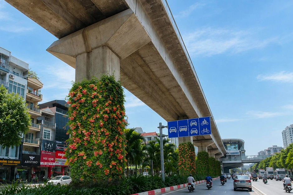 Loạt trụ cầu đường sắt, cầu vượt ở Hà Nội bắt đầu được phủ xanh Loạt trụ cầu đường sắt, cầu vượt ở Hà Nội bắt đầu được phủ xanh