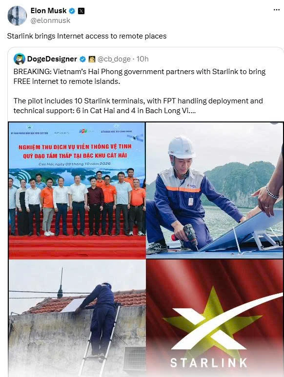 Tỷ phú Elon Musk chia sẻ hình ảnh triển khai Starlink tại đảo Hải Phòng Tỷ phú Elon Musk chia sẻ hình ảnh triển khai Starlink tại đảo Hải Phòng