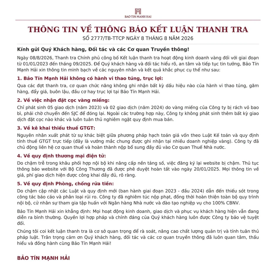 Bảo Tín Mạnh Hải lên tiếng sau kết luận của Thanh tra Chính phủ Bảo Tín Mạnh Hải lên tiếng sau kết luận của Thanh tra Chính phủ