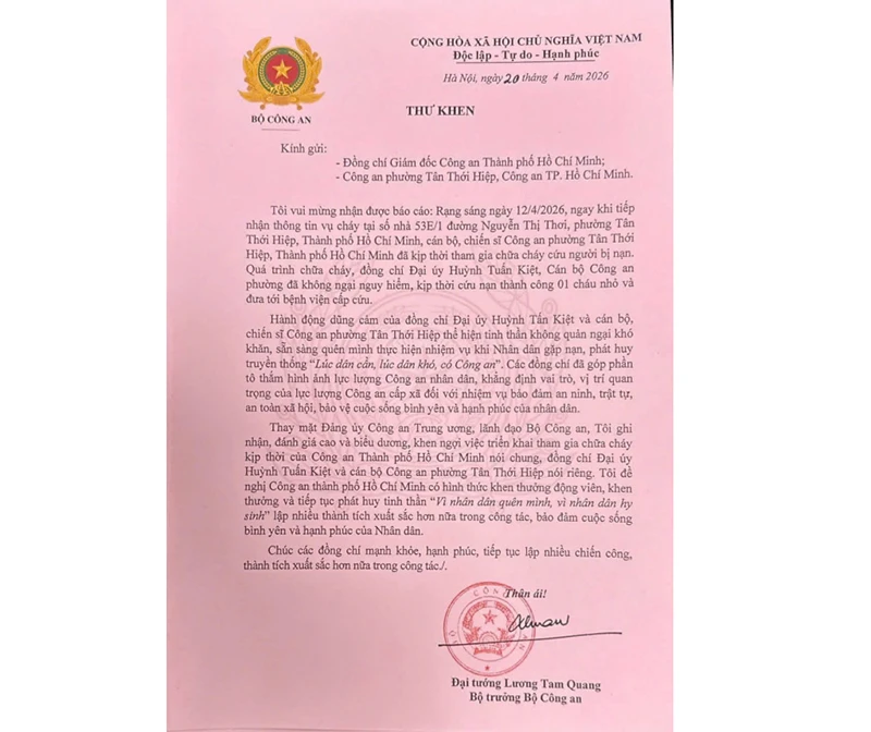 Bộ trưởng Lương Tam Quang có Thư khen Đại úy Huỳnh Tuấn Kiệt và Công an phường Tân Thới Hiệp Bộ trưởng Lương Tam Quang có Thư khen Đại úy Huỳnh Tuấn Kiệt và Công an phường Tân Thới Hiệp
