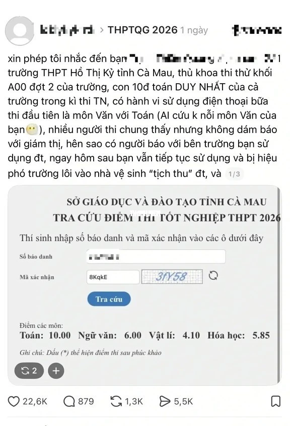 Cà Mau chưa tìm được chủ tài khoản phản ánh gian lận thi tốt nghiệp 2026