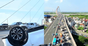Cận cảnh hiện trường va chạm liên hoàn trên cầu Nhật Tân: Ô tô lật ngửa, giao thông ùn tắc nghiêm trọng