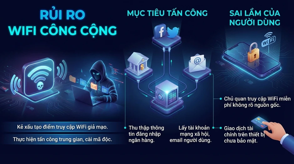 Cảnh báo nguy cơ khi sử dụng WiFi công cộng: Bảo vệ thông tin cá nhân năm 2026 Cảnh báo nguy cơ khi sử dụng WiFi công cộng: Bảo vệ thông tin cá nhân năm 2026