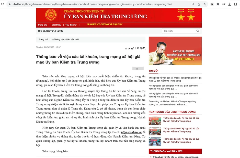 Cảnh báo việc giả mạo Ủy ban Kiểm tra Trung ương Cảnh báo việc giả mạo Ủy ban Kiểm tra Trung ương
