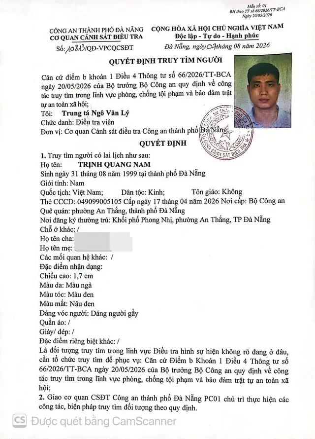 Công an truy tìm người có tên Trịnh Quang Nam SN 1999 Công an truy tìm người có tên Trịnh Quang Nam SN 1999