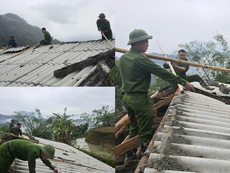 Công an xã Bản Máy giúp dân khắc phục hậu quả giông lốc