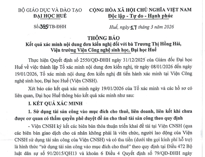 Đại học Huế kết luận sai phạm tại Viện Công nghệ sinh học Đại học Huế kết luận sai phạm tại Viện Công nghệ sinh học