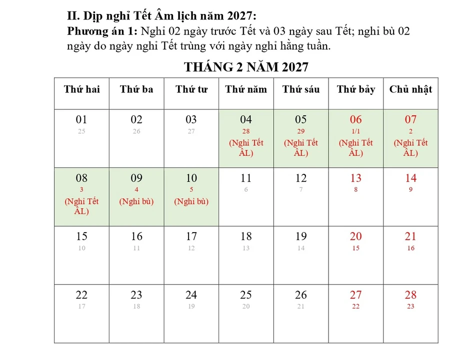 Đề xuất phương án NGHỈ TẾT NGUYÊN ĐÁN ĐINH MÙI, NGHỈ LỄ QUỐC KHÁNH 2027