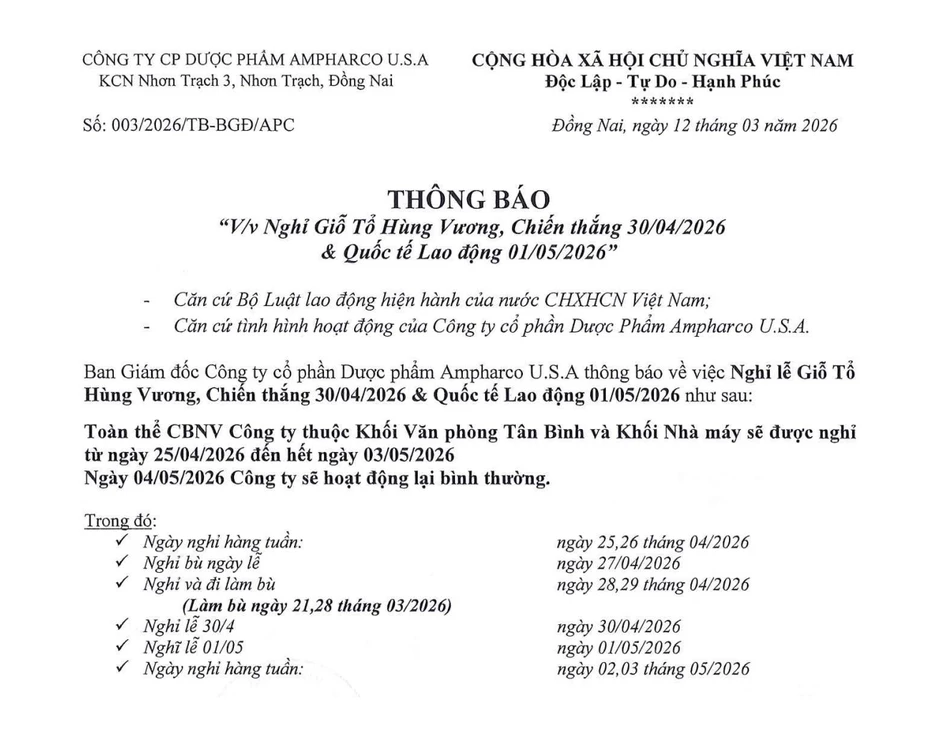 Doanh nghiệp chủ động cho người lao động nghỉ đến 9 ngày dịp Giỗ Tổ Hùng Vương, 30-4 và 1-5 Doanh nghiệp chủ động cho người lao động nghỉ đến 9 ngày dịp Giỗ Tổ Hùng Vương, 30-4 và 1-5