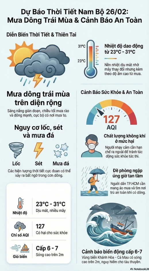 Dự báo thời tiết hôm nay, 26-2: TPHCM và Nam Bộ đón đợt mưa trái mùa diện rộng