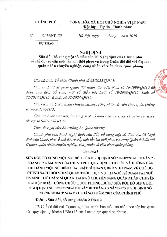 Dự thảo Nghị định về chế độ trợ cấp 1 lần khi thôi phục vụ trong Quân đội Dự thảo Nghị định về chế độ trợ cấp 1 lần khi thôi phục vụ trong Quân đội