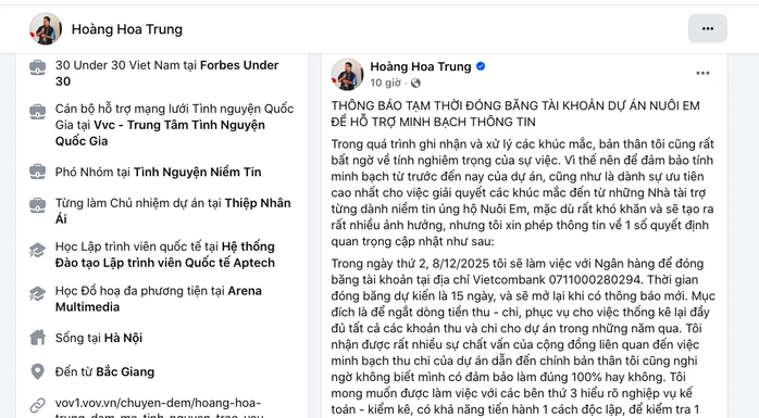 Facebook ông Hoàng Hoa Trung biến mất, dự án "Nuôi em" lại "nóng" Facebook ông Hoàng Hoa Trung biến mất, dự án "Nuôi em" lại "nóng"