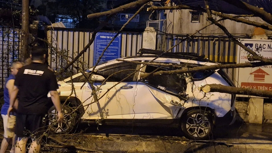 Hà Nội: Sau nắng nóng kỷ lục, mưa to gió lớn giật tung cây xanh, ôtô bị đè bẹp giữa phố Hà Nội: Sau nắng nóng kỷ lục, mưa to gió lớn giật tung cây xanh, ôtô bị đè bẹp giữa phố
