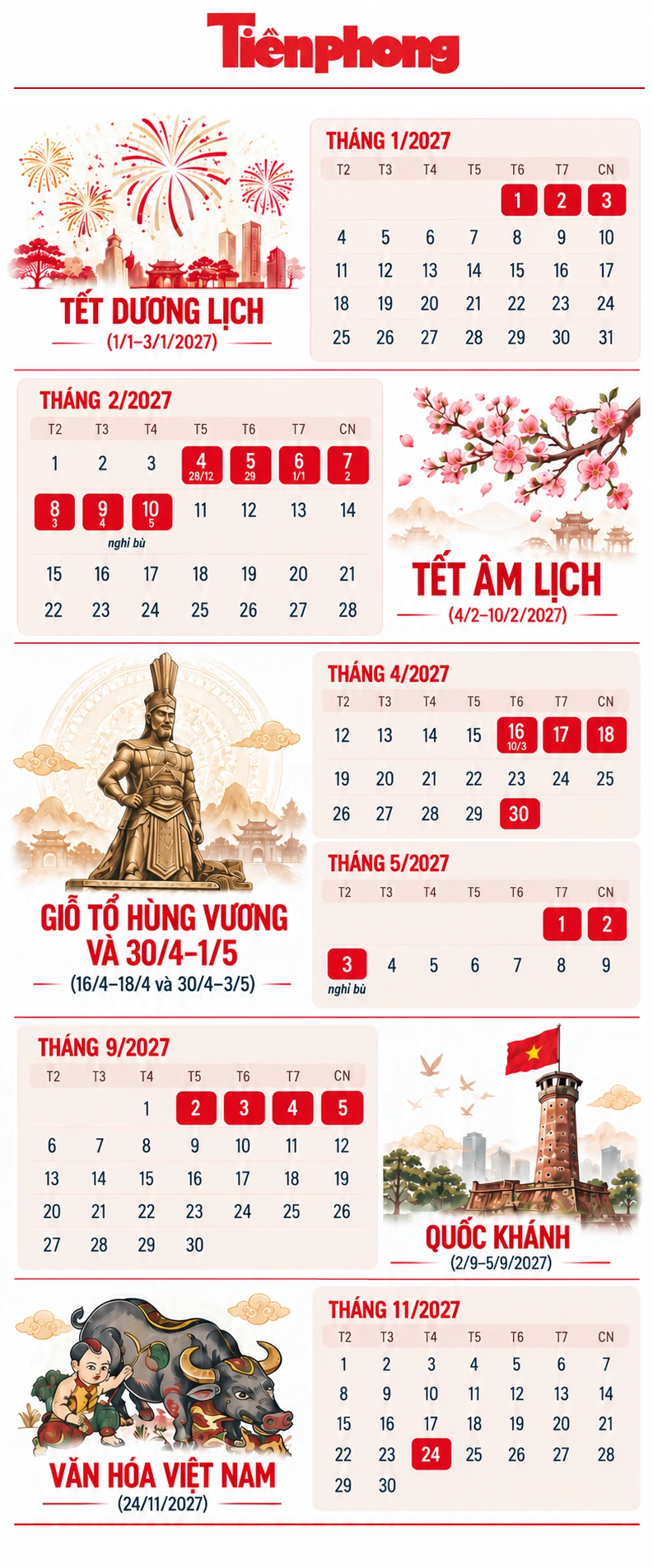 Lịch chi tiết 6 kỳ nghỉ lễ Tết năm 2027 Lịch chi tiết 6 kỳ nghỉ lễ Tết năm 2027