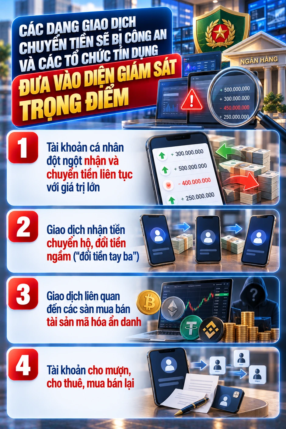 Tất cả người dân có tài khoản ngân hàng chú ý công an sẽ đặc biệt điều tra các giao dịch chuyển tiền này Tất cả người dân có tài khoản ngân hàng chú ý công an sẽ đặc biệt điều tra các giao dịch chuyển tiền này