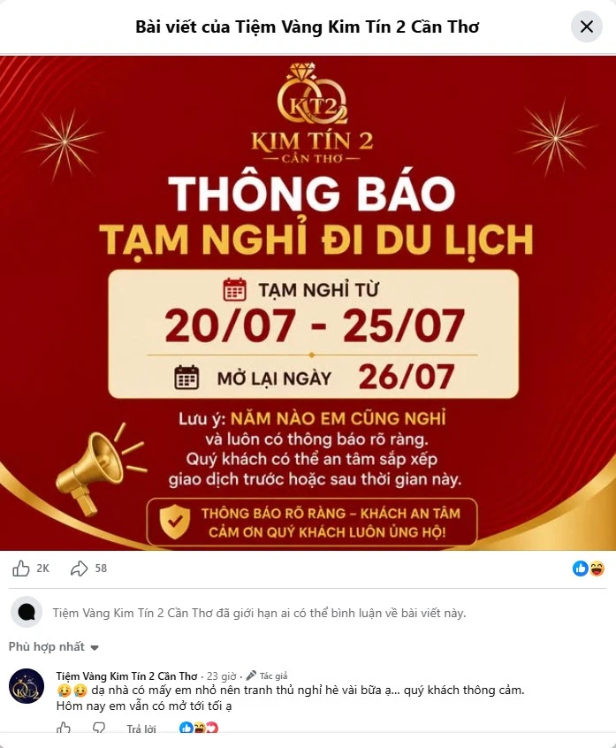 Tiệm vàng Cần Thơ tạm đóng cửa đi nghỉ hè , khách hàng bất ngờ Tiệm vàng Cần Thơ tạm đóng cửa đi nghỉ hè , khách hàng bất ngờ