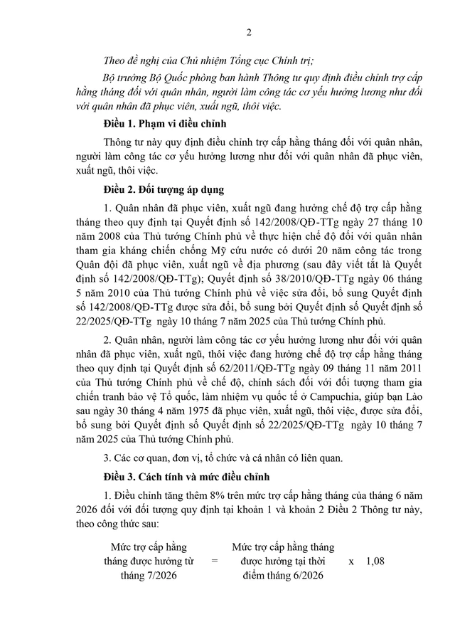 TOÀN VĂN: Dự thảo Thông tư điều chỉnh trợ cấp hằng tháng cho quân nhân, cơ yếu đã phục viên, xuất ngũ, thôi việc TOÀN VĂN: Dự thảo Thông tư điều chỉnh trợ cấp hằng tháng cho quân nhân, cơ yếu đã phục viên, xuất ngũ, thôi việc
