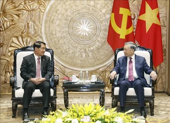 Tổng Bí thư, Chủ tịch nước Tô Lâm tiếp Ủy viên Trung ương Đảng, Bí thư Thành ủy, Chủ tịch Hội đồng Nhân dân thủ đô Viêng Chăn (Lào)