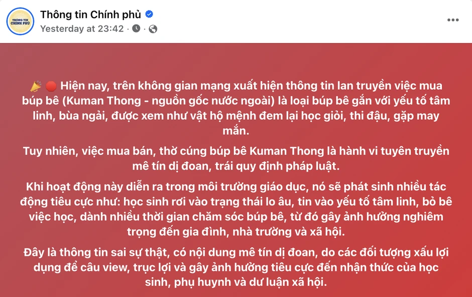 Trào lưu nuôi búp bê Kumanthong xâm nhập trường học, Thông tin Chính phủ phát thông báo lúc nửa đêm Trào lưu nuôi búp bê Kumanthong xâm nhập trường học, Thông tin Chính phủ phát thông báo lúc nửa đêm