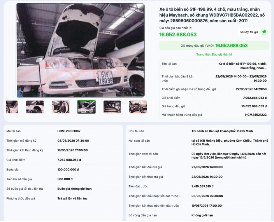 Xe Maybach biển số tứ quý của Trương Mỹ Lan trúng đấu giá hơn 16,6 tỉ đồng