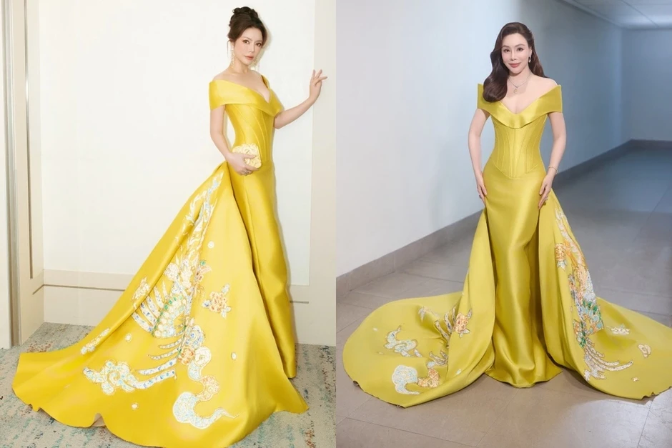 Váy dạ hội họa tiết phượng hoàng giúp Emoura Phạm tỏa sáng Váy dạ hội họa tiết phượng hoàng giúp Emoura Phạm tỏa sáng