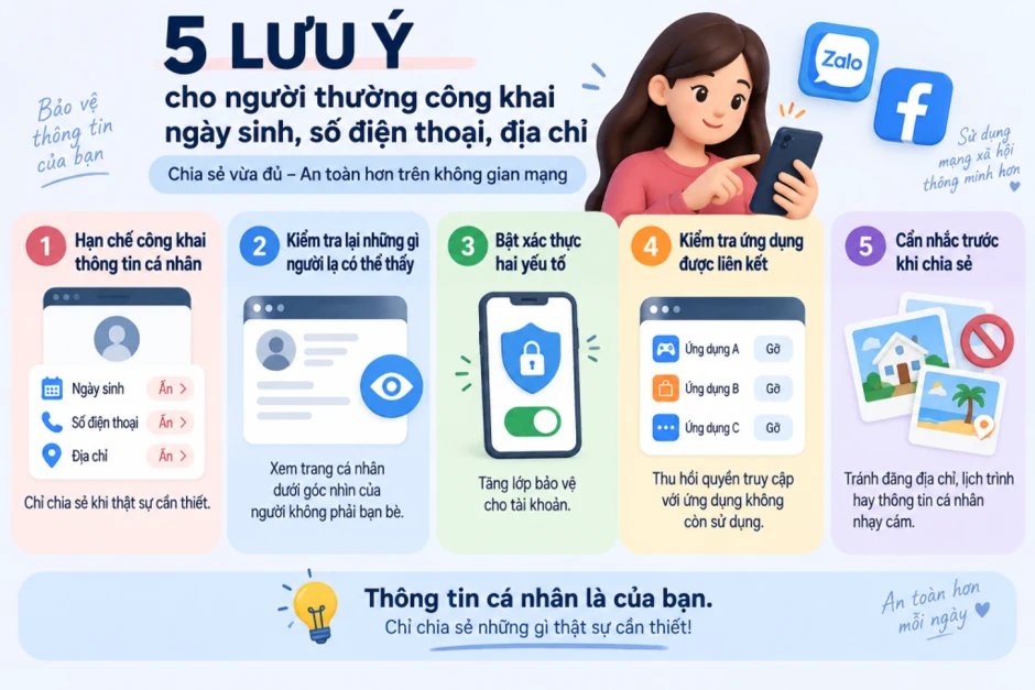 Lời khuyên cho người thường công khai ngày sinh, số điện thoại, địa chỉ trên Zalo, Facebook,... Lời khuyên cho người thường công khai ngày sinh, số điện thoại, địa chỉ trên Zalo, Facebook,...