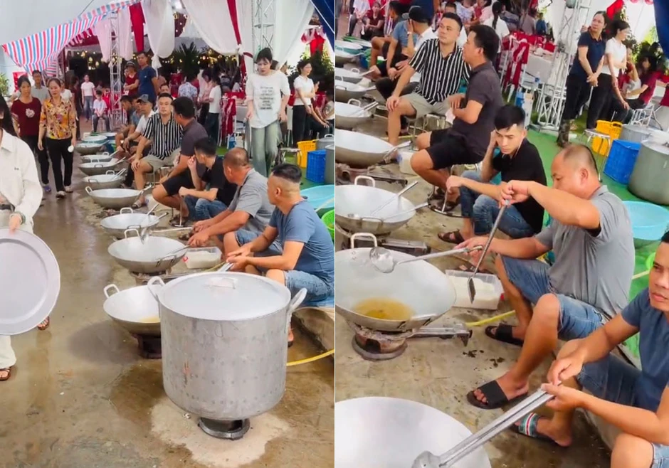 Đám cưới 100 mâm ở Phú Thọ, 70 người giúp nấu nướng, nam giới lắc chảo to tay Đám cưới 100 mâm ở Phú Thọ, 70 người giúp nấu nướng, nam giới lắc chảo to tay