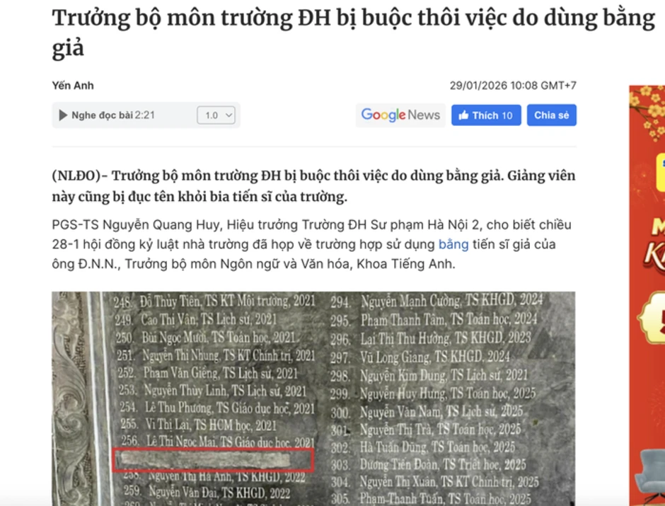 Giảng viên sư phạm dùng bằng tiến sĩ giả có thể bị xử lý hình sự Giảng viên sư phạm dùng bằng tiến sĩ giả có thể bị xử lý hình sự