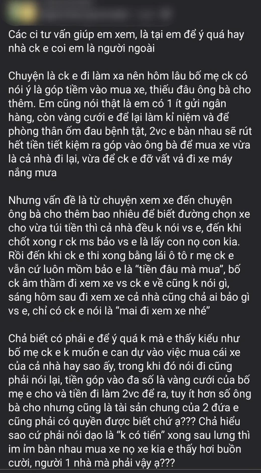 'Góp tiền mua ô tô chung với nhà chồng, tôi cảm thấy như bị ra rìa' 'Góp tiền mua ô tô chung với nhà chồng, tôi cảm thấy như bị ra rìa'