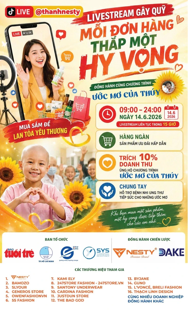 Cùng đón chờ phiên livestream gây quỹ 15 giờ, trích 10% doanh thu cho Ước mơ của Thúy Cùng đón chờ phiên livestream gây quỹ 15 giờ, trích 10% doanh thu cho Ước mơ của Thúy