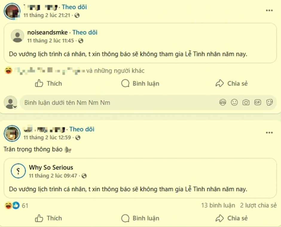 'Do vướng lịch trình cá nhân, xin thông báo sẽ không tham gia Valentine năm nay' 'Do vướng lịch trình cá nhân, xin thông báo sẽ không tham gia Valentine năm nay'